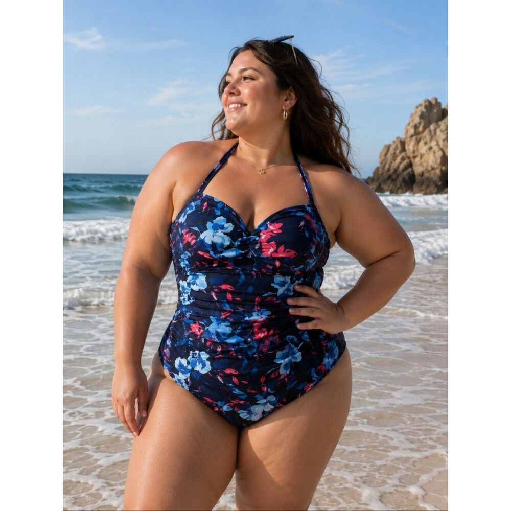 Women's Swimsuits One-Piece Tummy Control Swimwear Floral Halter 4XL NWOT Pinup
